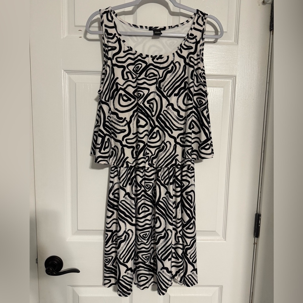 Robert Louis Black & White Sleeveless Midi Dress with Abstract Swirl Print